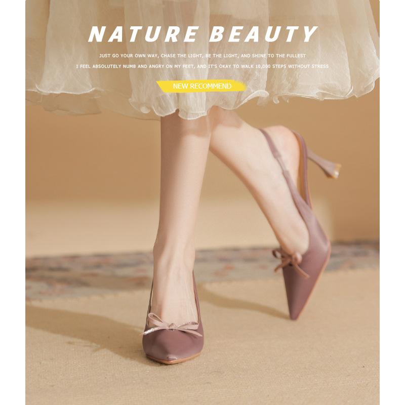 73216 [sheepskin] High Heels Women's Stiletto 2025 New Pointed Empty Sandals Temperament Bow Single Shoes