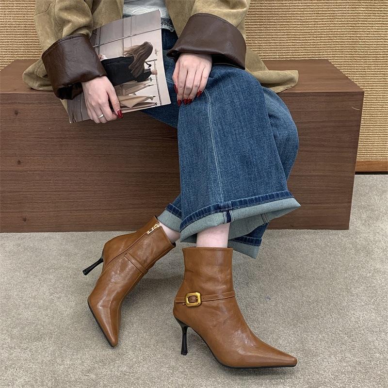 Rich retro pointed belt buckle high-heeled short boots autumn and winter new side zipper thin high-heeled thin short boots