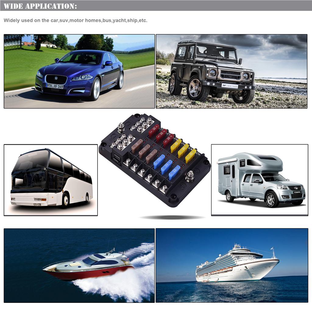 Blocco fusibili per barca marina a 12 Volt, Impermeabile a 12 vie con barra collettrice negativa di terra a 12 vie [100 Amp Max] [Fusibili ATC/ATO] [Indicatore LED] per Auto RV Camion Ecc.