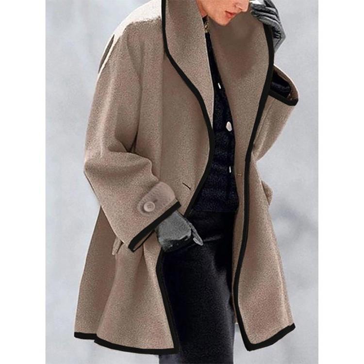 Women's Long Coat with Black Trim, Button Front Closure, Multiple Colors (Blue, White, Red, Beige, Purple, Gray, Black)