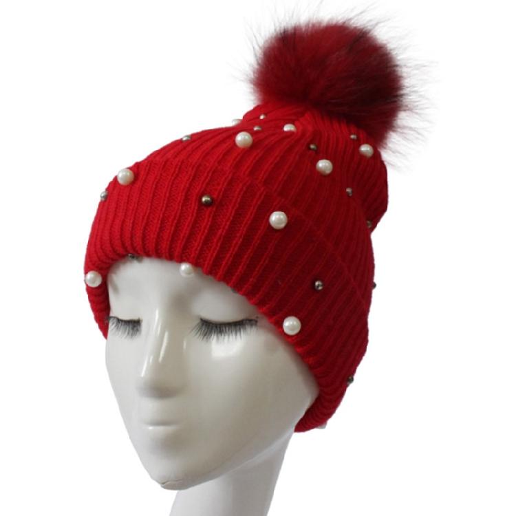 Solid Color Pearl Pompom Wool Hat Knitted Hat Beanie Hat Thicken Stretchable