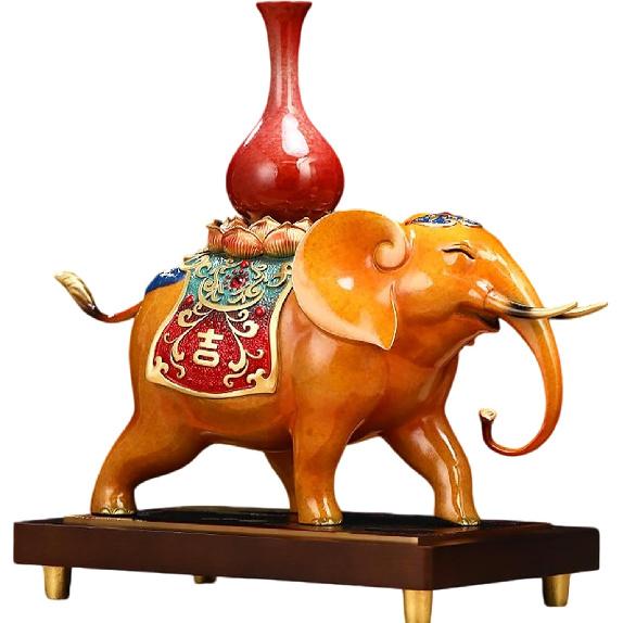 Fu Xiang Cheng Xiang Copper Elephant Statue - Lucky Elephant with Vase, Traditional Chinese Feng Shui Decor, Auspicious Home Office Decoration, Single blue vase