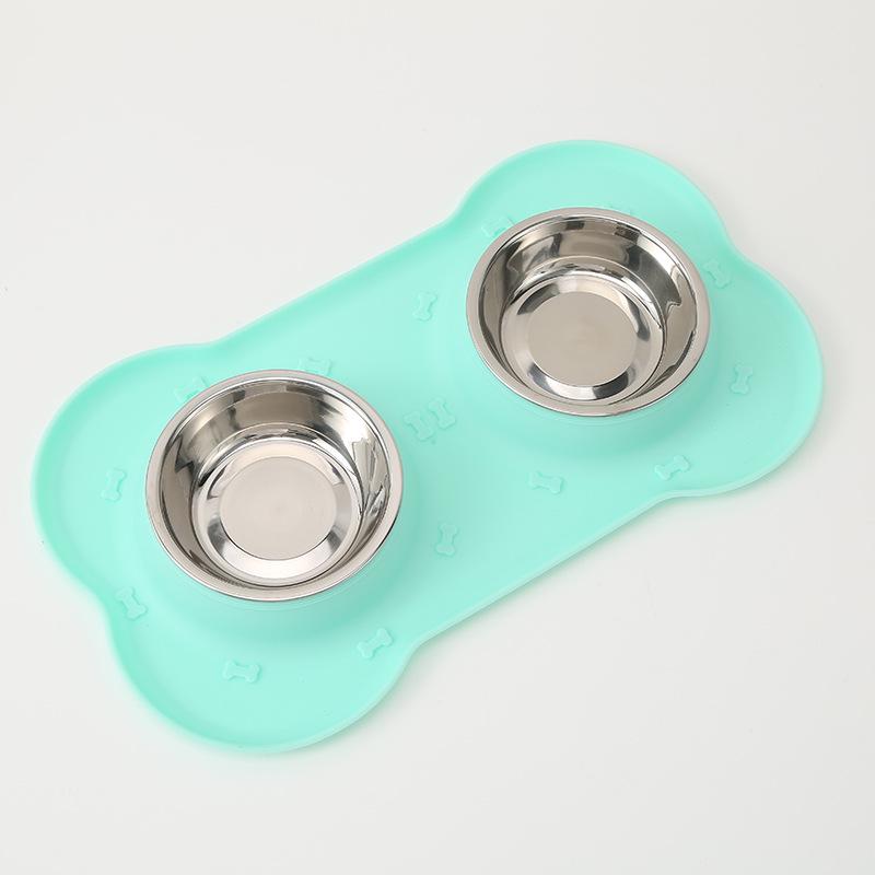 Bone-Shaped Non-Slip Silicone & Stainless Steel Dog Feeding Bowl - Food Grade, Anti-Spill Double Bowl for Pets