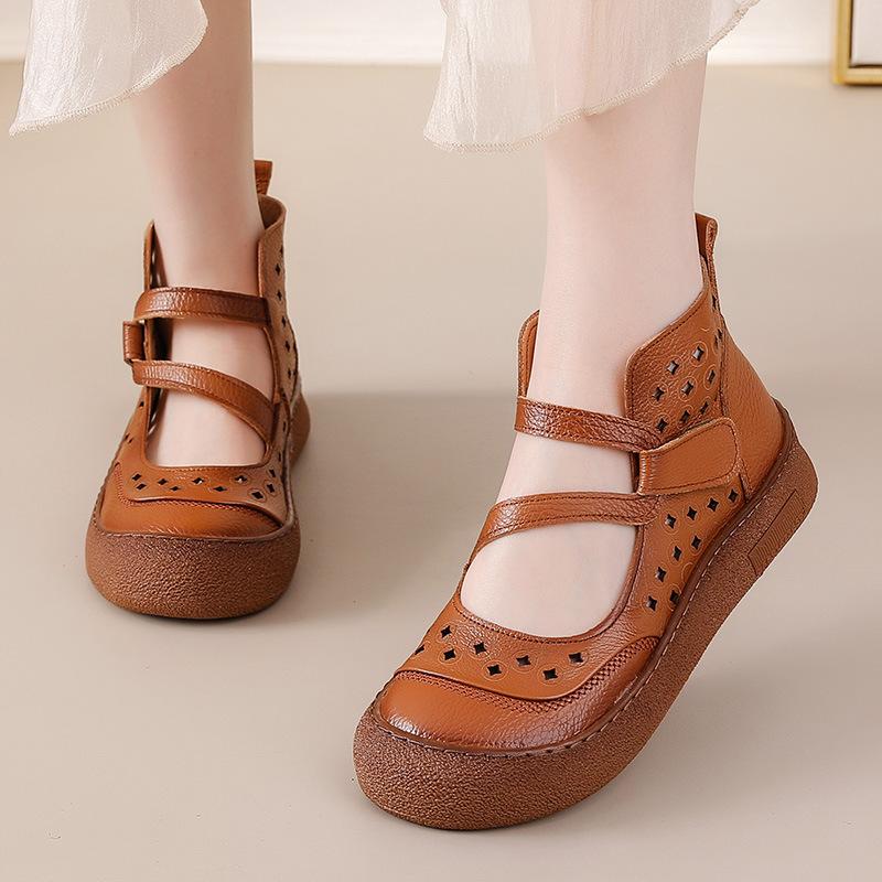 

Новые модные женские сандалии из натуральной коровьей кожи - в винтажном римском стиле с высоким голенищем и перфорированным носком | Дышащая обувь 38 коричневый