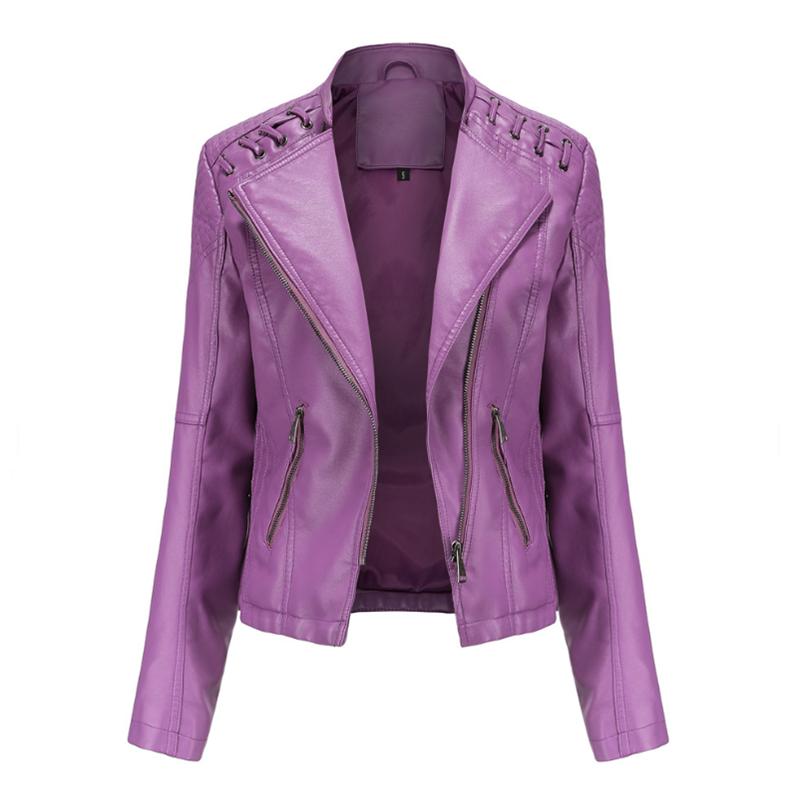 Turn-down Collar PU Faux Artificial Leather Jackets Women Jacket Black Pink Red Biker Coat