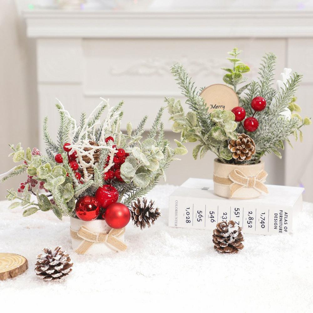 23cm Height Desktop Mini Christmas Tree Festive Potted Plant Decoration Holiday Gift Tabletop Centerpiece