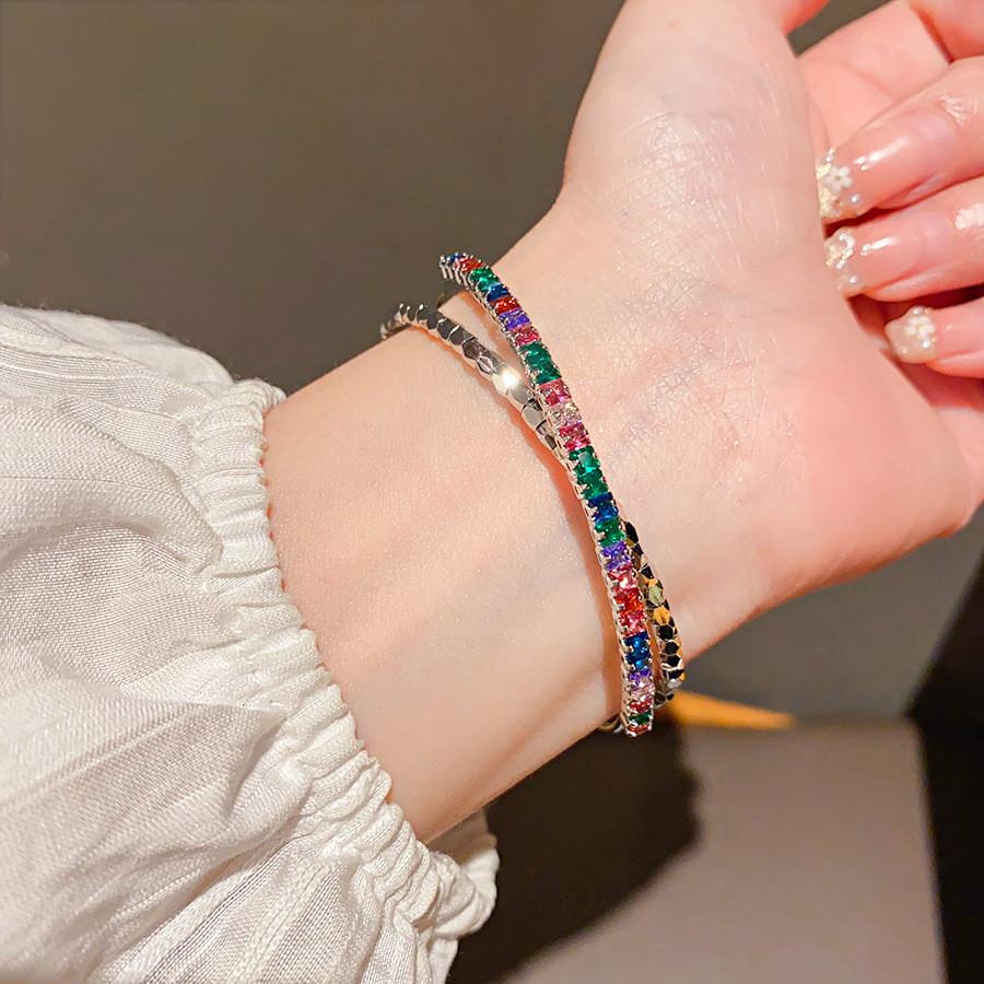 Geometric Zircon Metal Open Cuff Bracelet With Sparkling Stones For Women Fashion Jewelry