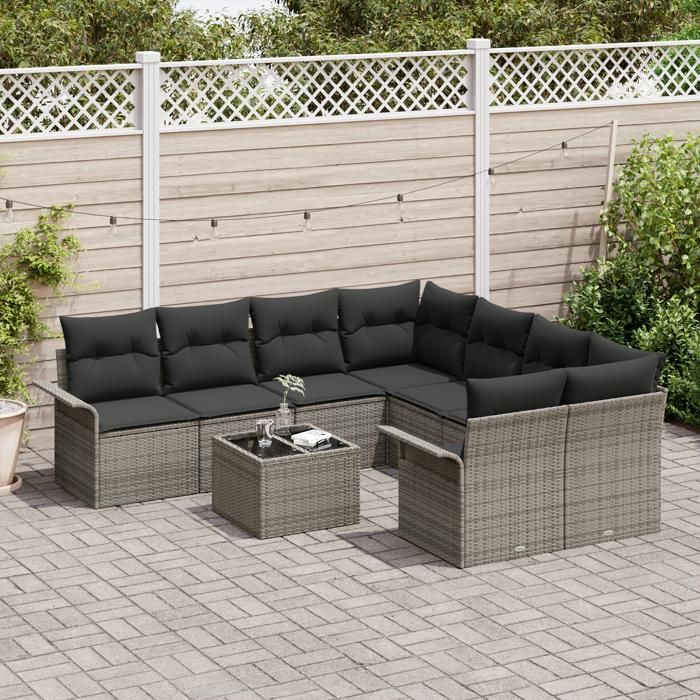 VidaXL Ensemble de Canapés de Jardin 9 Pièces avec Coussins Gris en Poly Rattan 3345299