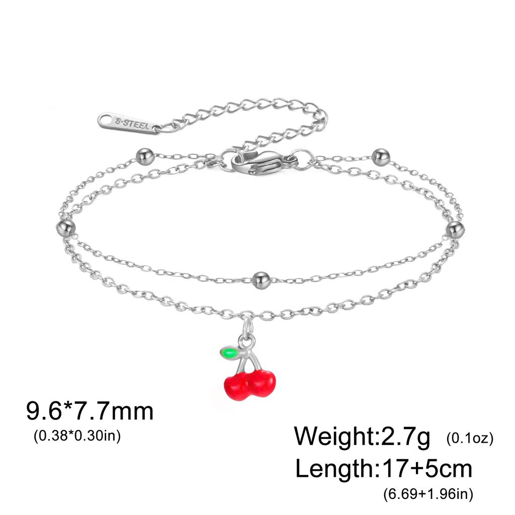Cazador Enamel Red Cherry Charm Bracelet For Woman Stainless Steel Double Layer Beads Chain Fashion Fruit Jewelry Gift