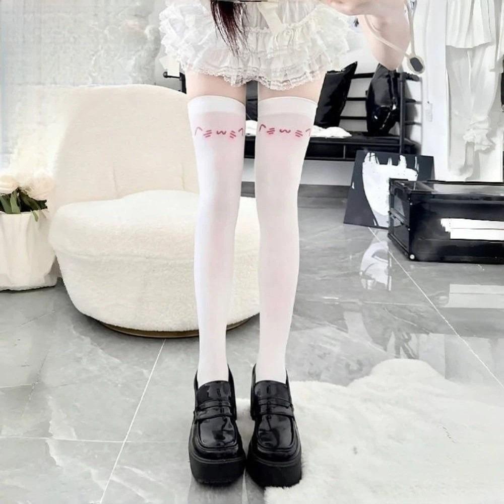Elastic Printed Design Kawaii Stockings Cute Expression Cat Ear Knee High Socks JK Lolita Women Long Socks Daily