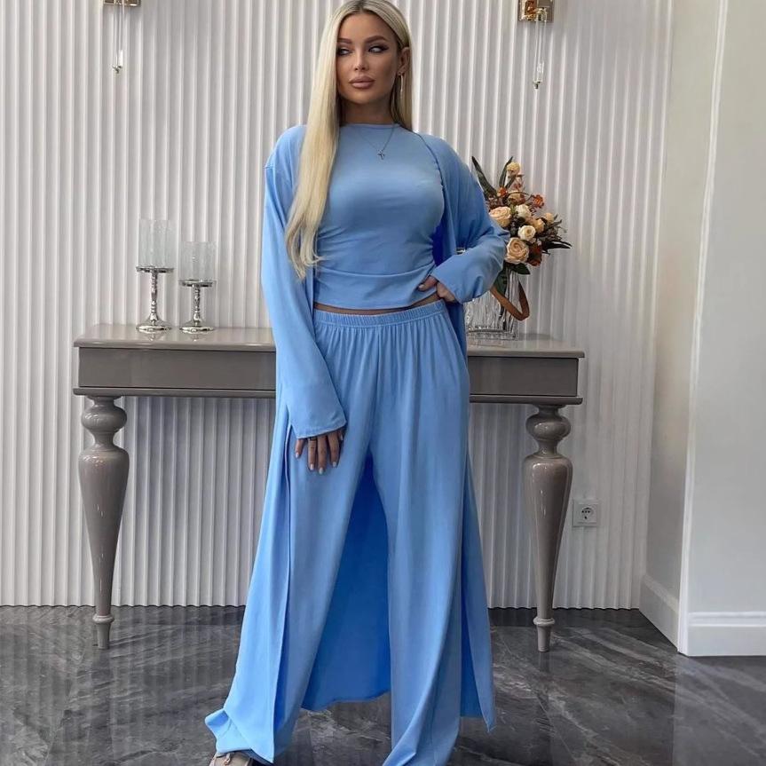 Autumn and Summer Season Comfortable and Versatile Commuting Daily Wide-leg Pants Waist and Thin Tight Top Jacket Three-piece Set