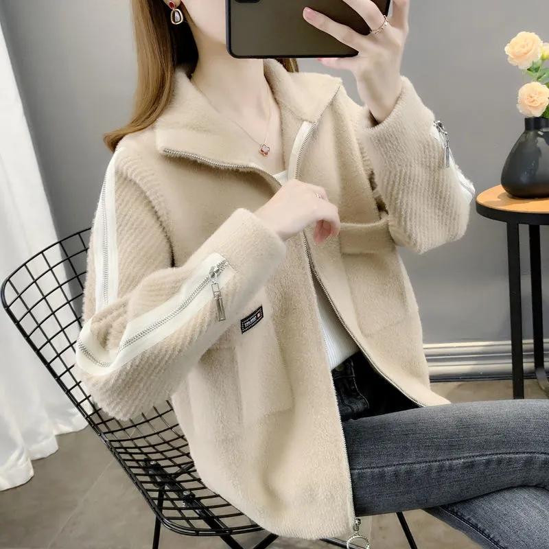 Autumn Winter New Imitation Mink Velvet Jacket Korean Loose Thicken Knitted Sweater Fashion Elegant Zipper Cardigan Coats