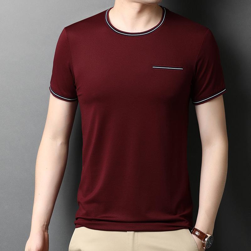 Summer Men's Mulberry Silk Thin Short-sleeved T-shirt Youth Edition Topstitch Fashion Pullover Mercerized Trendy Sweatshirt