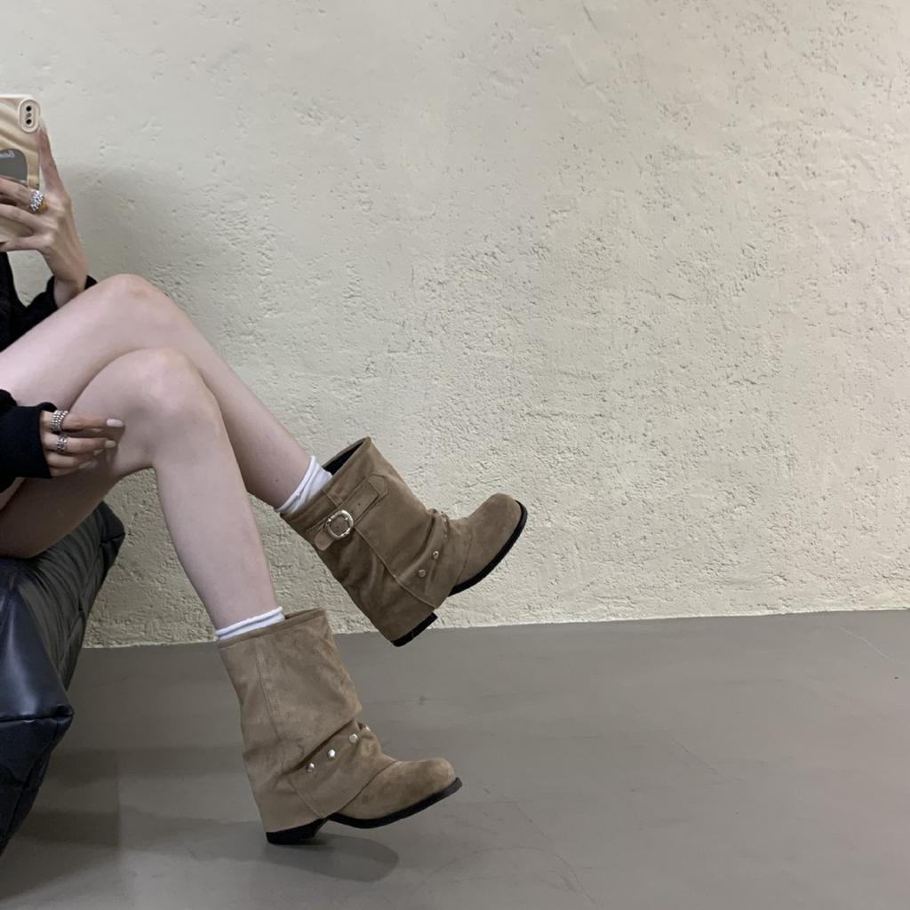 Western cowboy medium boots women's 2025 new pleated trousers short boots polished retro knight boots