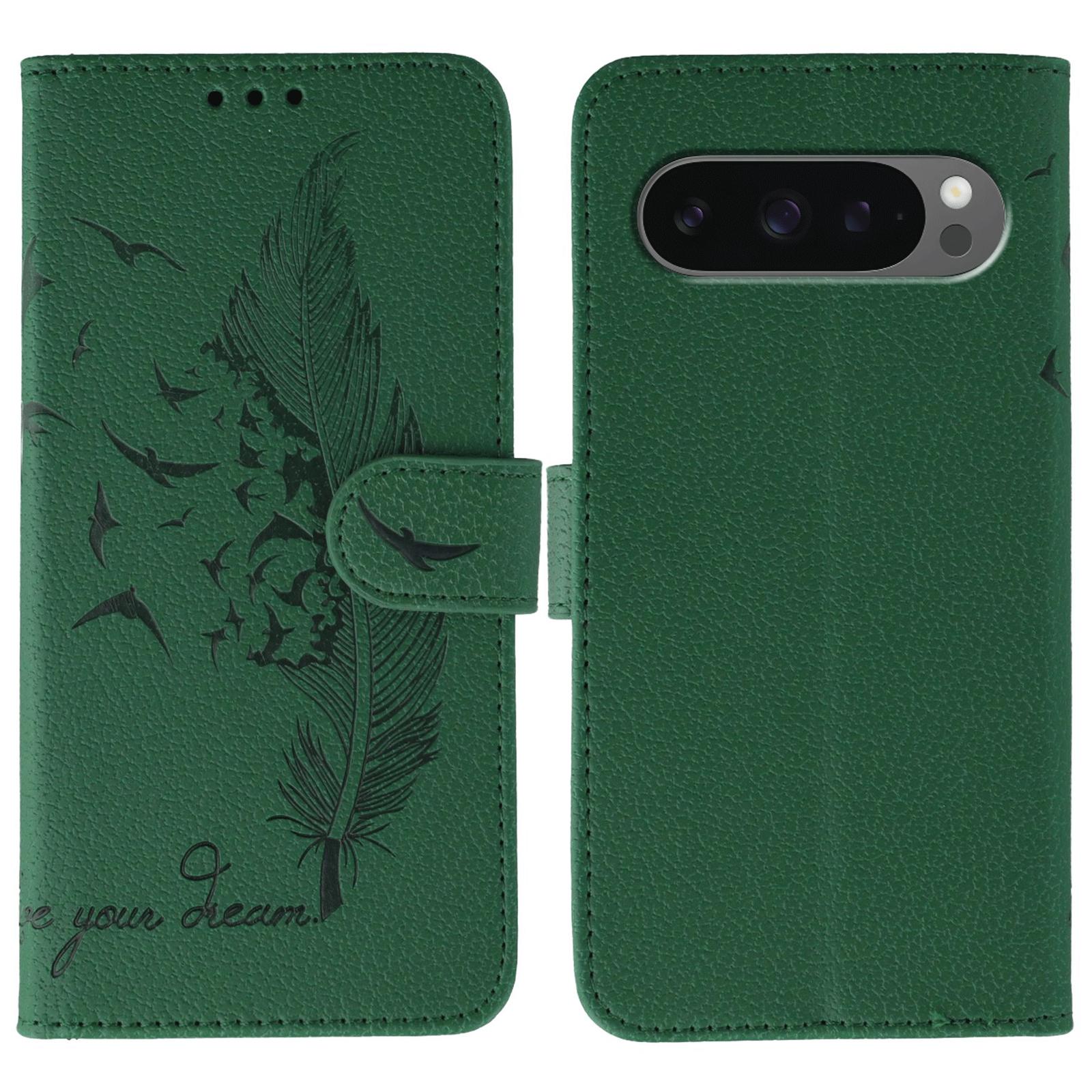 

Phone Case For Google Pixel 10/10 Pro/9/9 Pro Feather Imprint PU Leather Wallet Cover Green