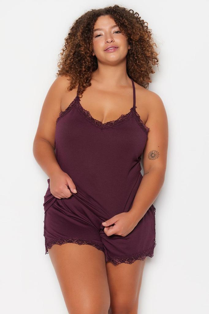 Damenstil Übergröße Pflaume Träger Gestrickt Spitze Detailliert Pyjama Set