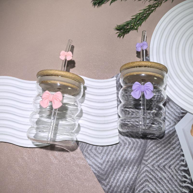 Sløyfe Glass Søt Vannkopp Tegneserie Sløyfe Glasskopp Stripete Søt Doodle Kaffekopp Husholdning Fruktte Sitronade Jentegave