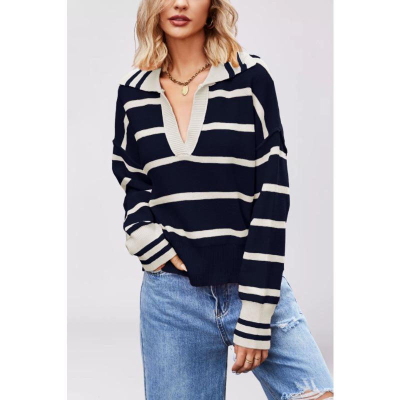 Autumn and Winter Women's Clothing New Fashion Splicing Striped Sweater Lapel Loose Large Size Knitted Sweater Women