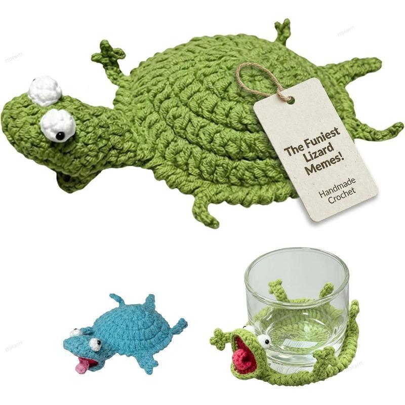 Handmade Crochet Lizard Coaster 3D Amigurumi Animal Cup Mat Fun DIY Knitted Drink Coaster for Home Table Desktop Decor Gift