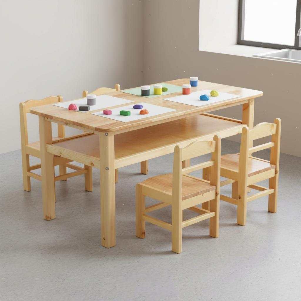 Hardwood Wood Kids Table and Chair Set Easy to Clean Kindergarten Classroom Table Wooden Craft Desk and Chair Set for Students