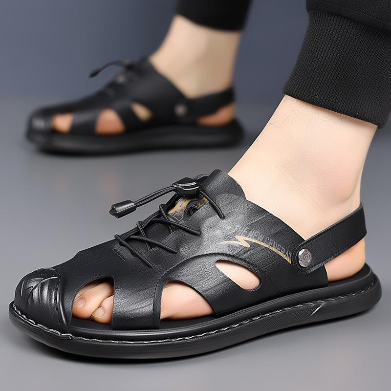 

2025 summer new casual beach shoes men s breathable leather soft sole outdoor bag head sandals two wear cool slippers 38