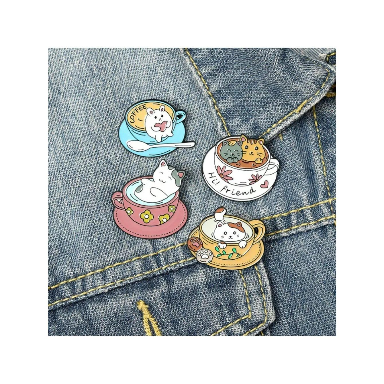 

4 шт. Женская креативная новая брошь из сплава, мультяшная милая брошь в виде животного, брошь в виде чашки кофе с кошкой, значок, аксессуары, повседневная одежда, подарки