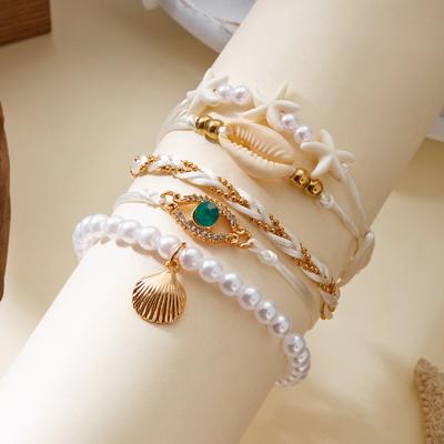 5Pcs Bohemian Shell Pearl Bracelets Set for Women Fashion Gold Color Evil Eye Charm Multilayer Bangles Summer Beach Jewelry Gift