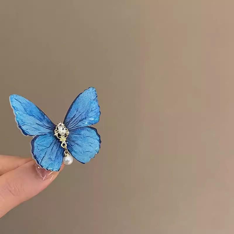 White Mesh Butterfly Pearl Hair Clip - Women's Duckbill Hairpin Bow Accessory