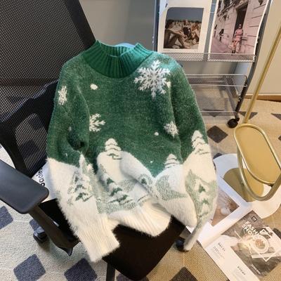 Inverno Novo Bonito Estampa Solto Natal Pulôveres Suéter Feminino Tops O Pescoço Manga Longa Vintage Tricô Suéter Feminino Casual Moda Senhora Jumpers 25513