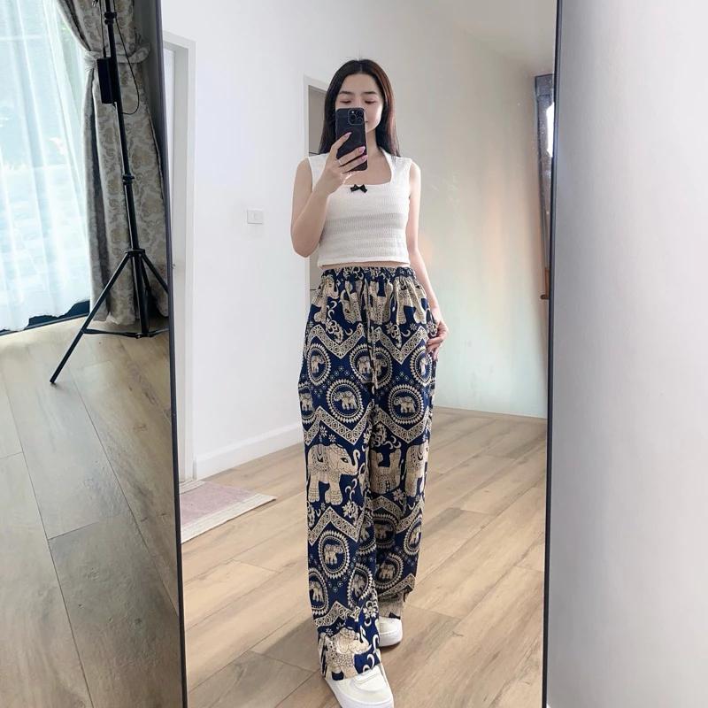 Elephant Pants Women Men Unisex Premium Japanese Silk Print Thailand Casual Streetwear Beach Bohemian Retro Vintage Adjustable Rope Loose Legs