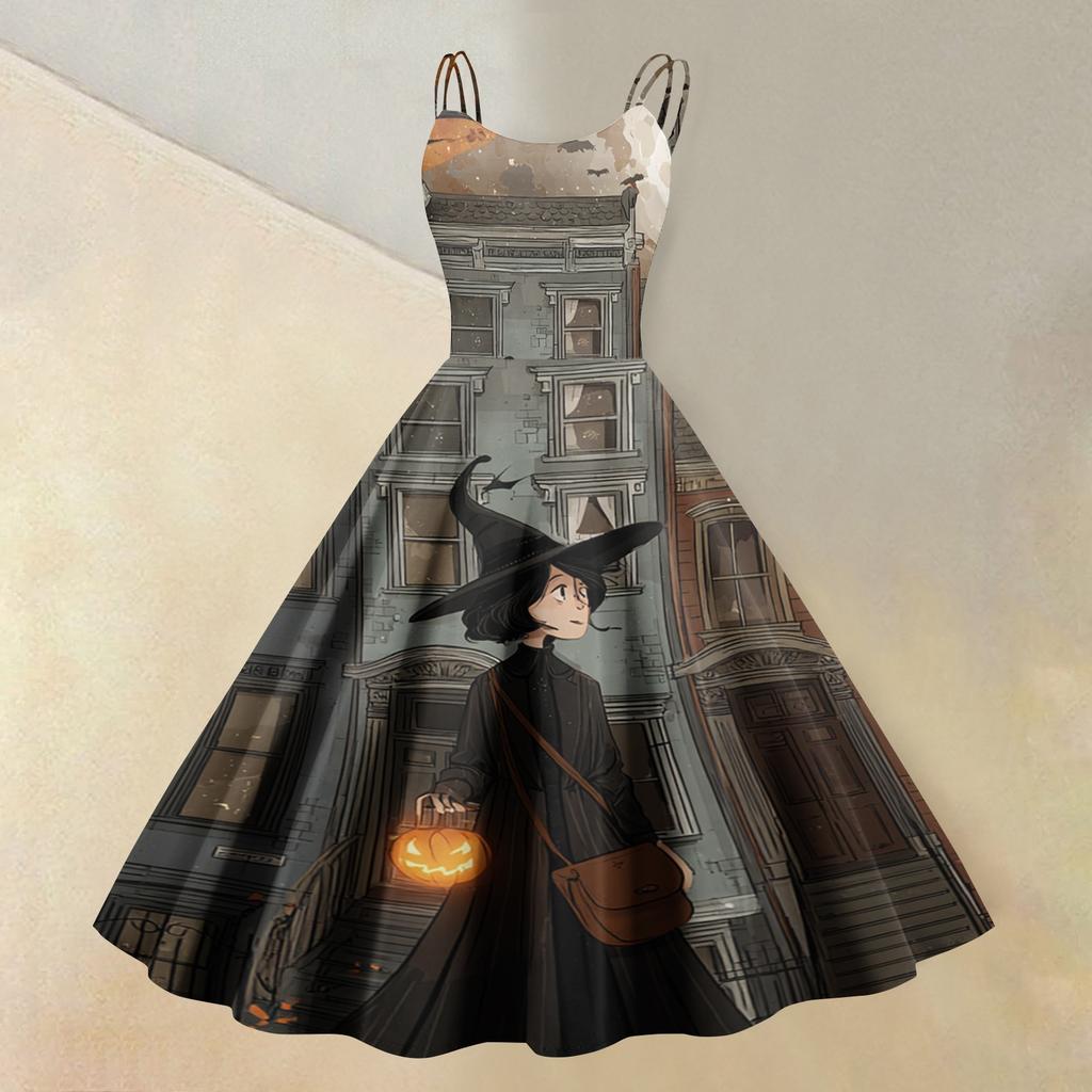 Women's Sleeveless Casual Dress Halloween Print Round Neck Vintage Style Spaghetti Strap Midi Dress for Daily Wear and Seasonal Events