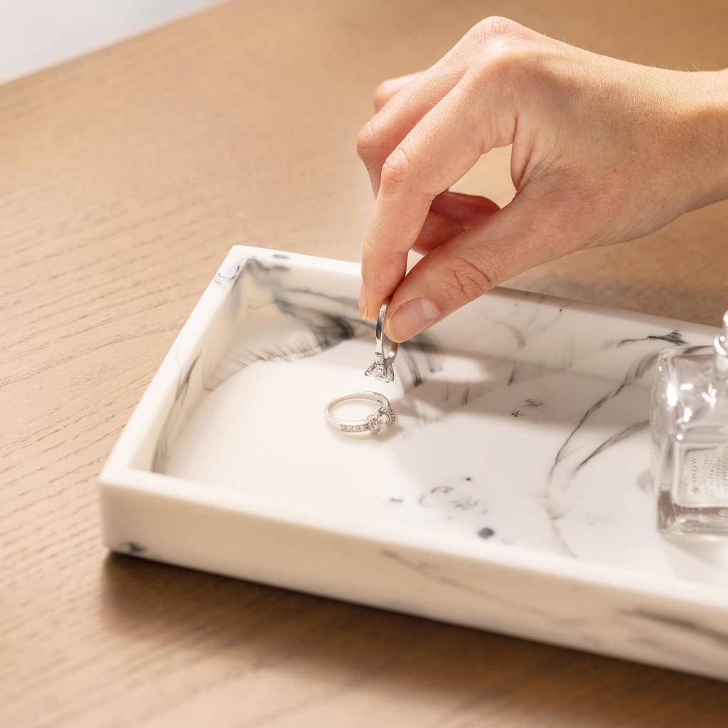 Navaris Accessory Tray, Jewelry Tray, Small Item Storage Tray - Holds Glasses, Accessories, Water-Resistant, 23.5x12.5x2.6cm - Polyresin Marble, Squar