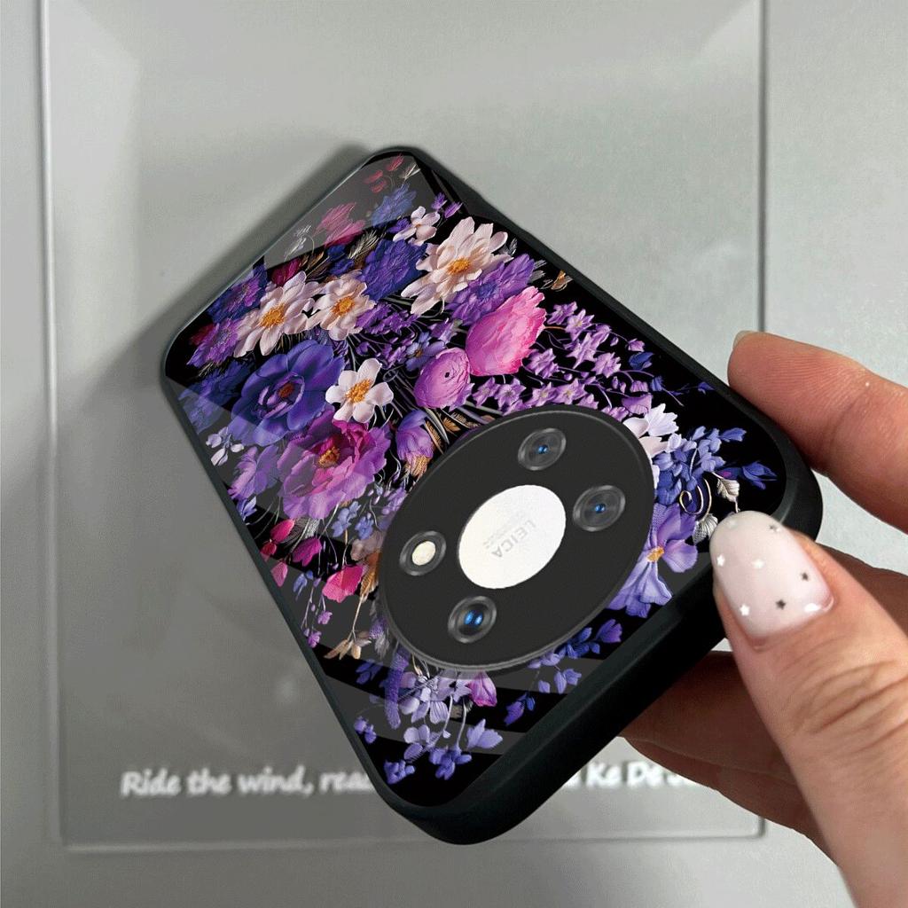 Shockproof Cover for HONOR X9 5G Vintage Oil Painting Purple Floral Phone Case, Glossy Acrylic Back TPU Bumper
