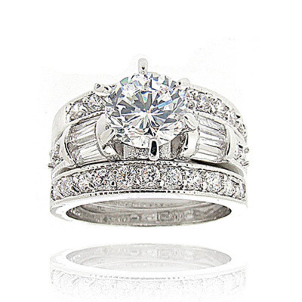 Unique Rectangle Zirconia Triple Ring Set Sterling Silver Engagement Wedding Band Jewelry