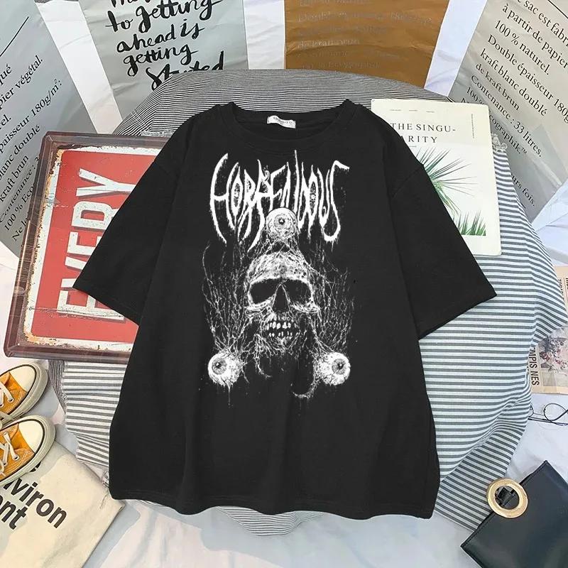 T Shirt Skull Print Gothic Streetwear Summer Loose Men Women T-shirt Punk Dark Grunge Top Harajuku Y2k Clothing
