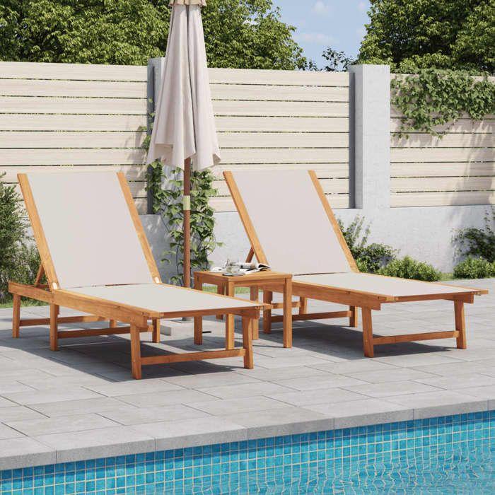 VidaXL Chaises longues lot de 2 table gris bois d'acacia et textilène, lit de soleil, lit de repos, chaise longue 3279253
