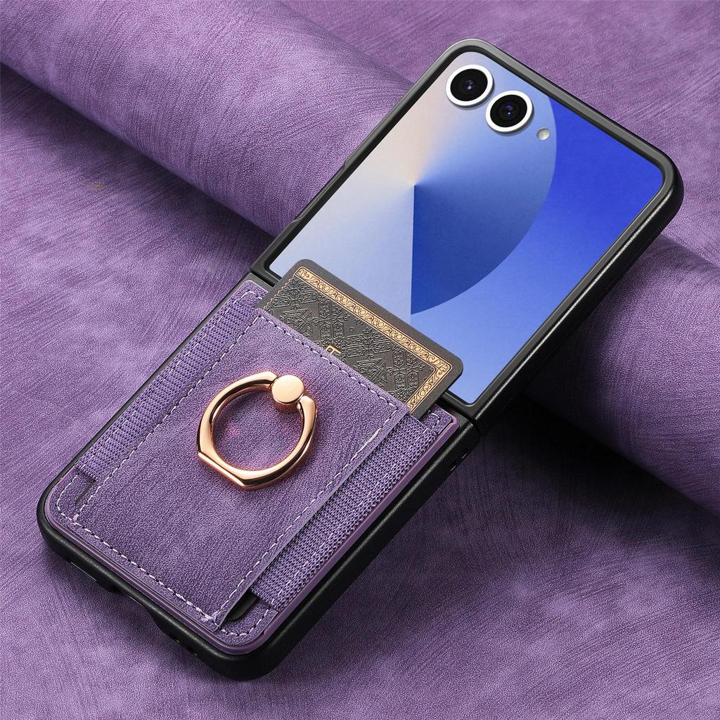 Samsung Z Flip 7 FE Leather Ring Wallet Case with Card Holder and Stand