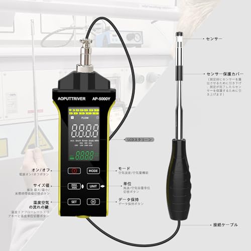 AP-5000Y Digital Anemometer, Handheld CFM/CMM Anemometer with 360° Telescopic Probe for HVAC Duct Airflow Measurements, Wind Speed, Wind Direction, an
