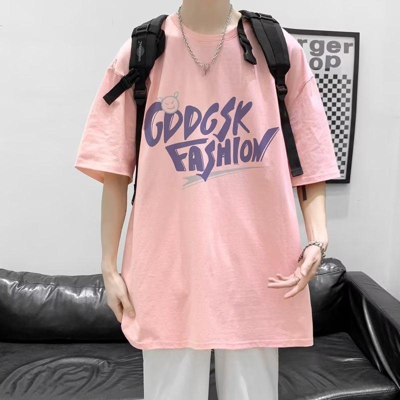 

Мужские футболки с коротким рукавом с буквенным графическим принтом и половиной рукава Футболка-пуловер Повседневная футболка Мужская корейская повседневная футболка с круглым вырезом в стиле ретро 5XL розовый