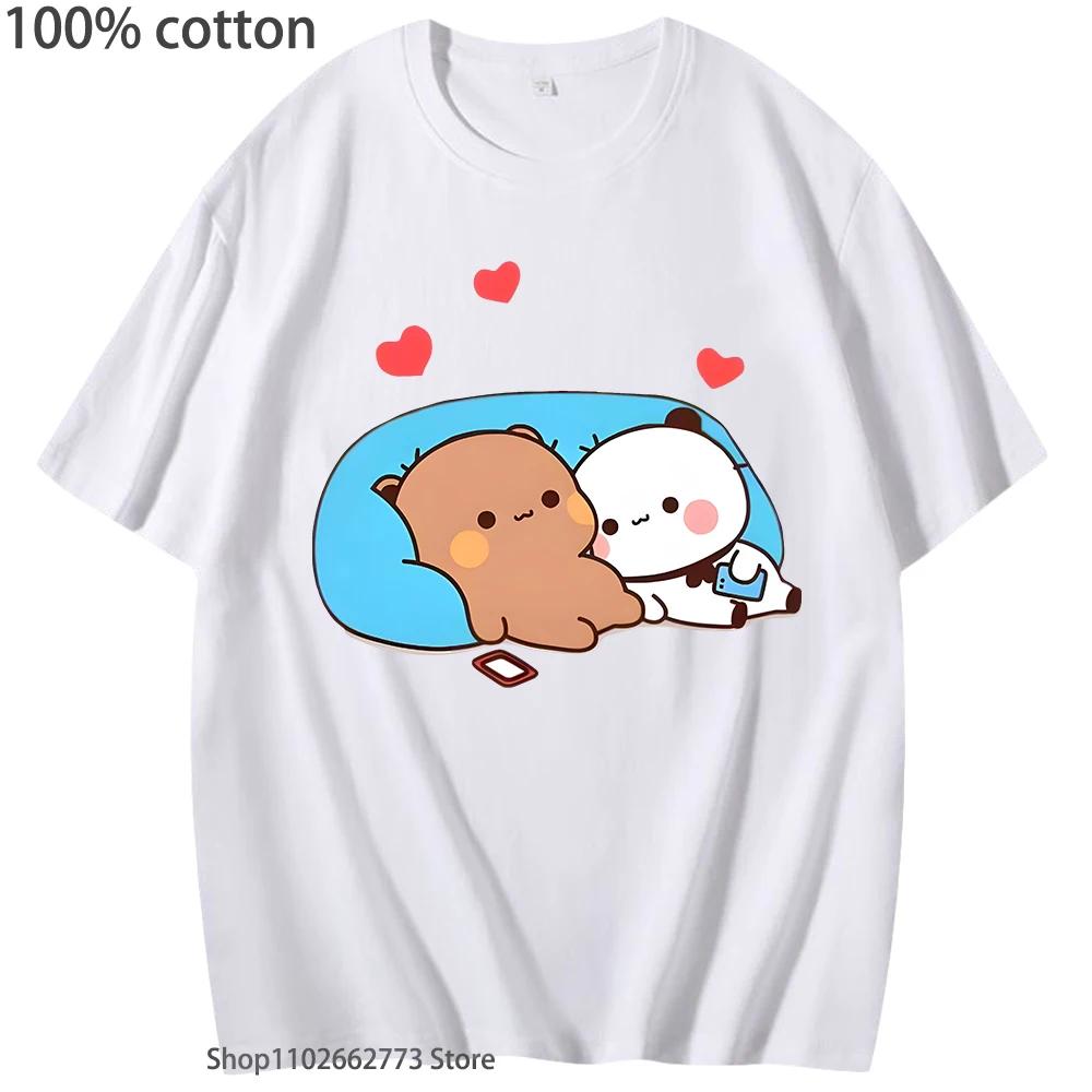 DuDu Bear and BuBu Panda’s Night Days Shirt Summer Clothes Women Kawaii Panda Bear Tshirts 100% Cotton Top Korean Styele Men