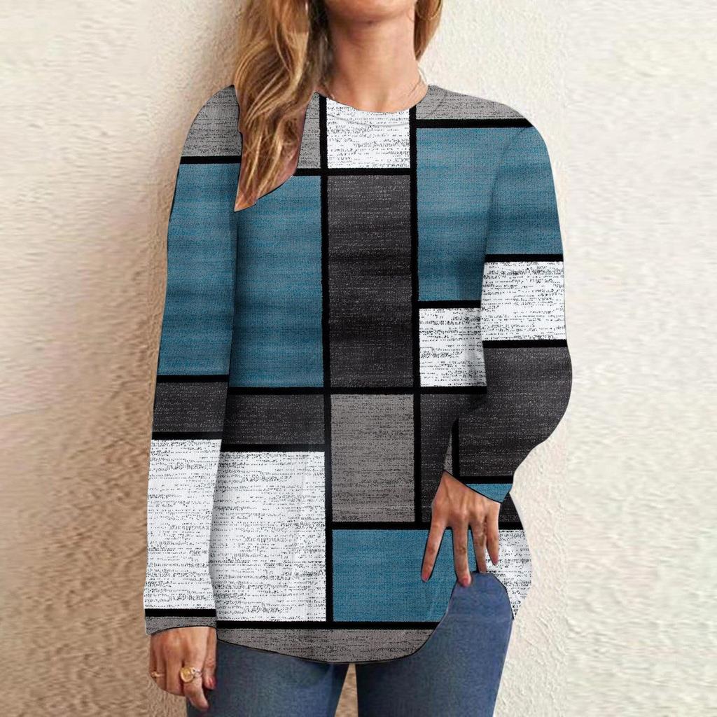 Casual Color Block Long Sleeve Tops For Women Fall Geometric Graphic Crewneck Loose T Shirts Slouchy Tunic Blouses