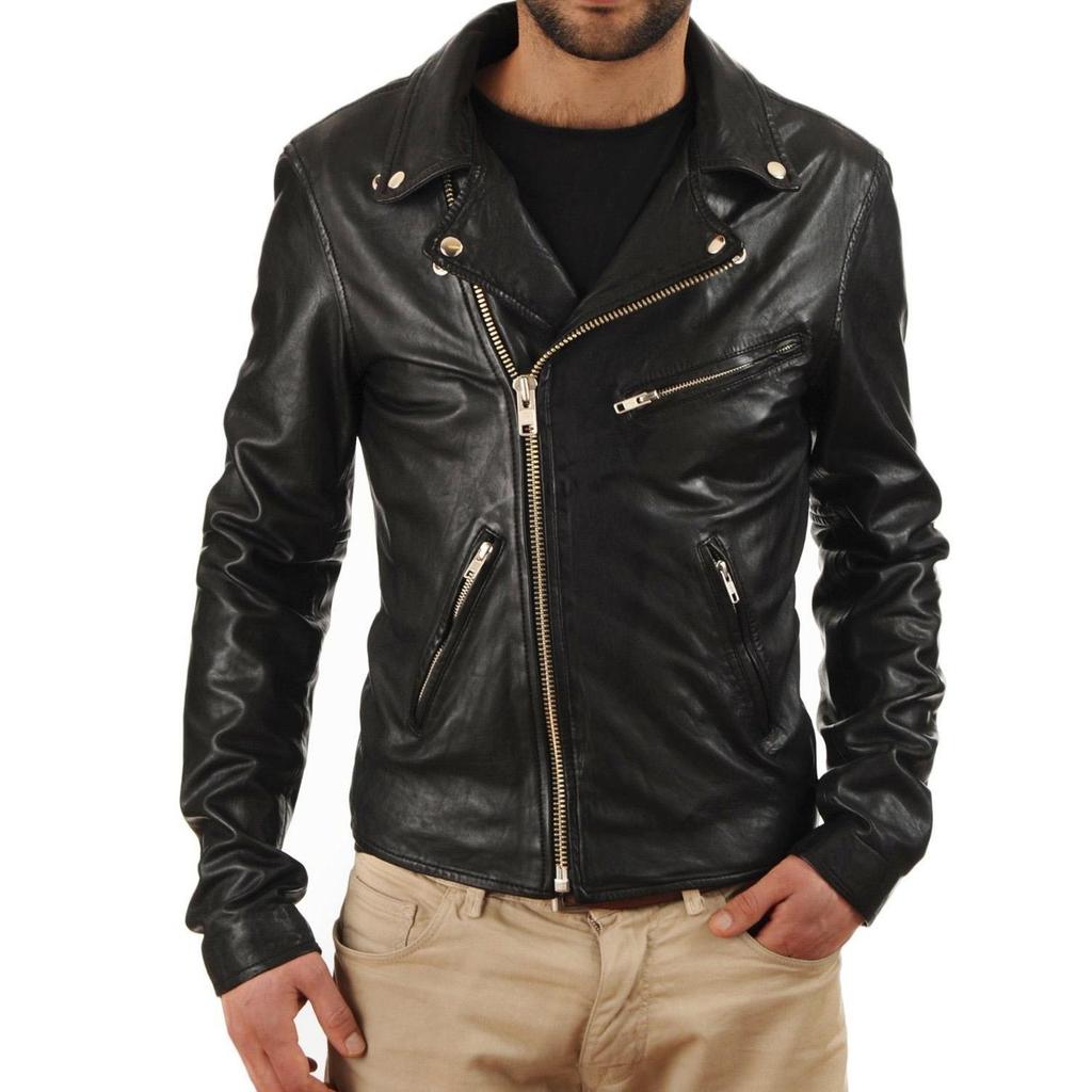 SKINOUTFIT Men's Genuine Lambskin Black Leather Jacket Stylish Motorcycle Bomber Biker Outerwear MJ 05