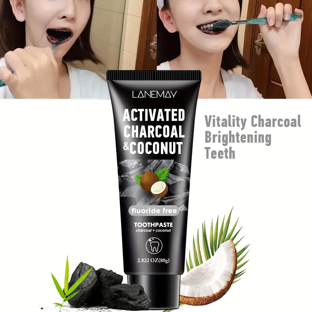Lanemay Charcoal & Coconut Toothpaste - Deep Cleansing, Whitening Teeth, Natural Whitening, Freshens Breath, 2.82Oz