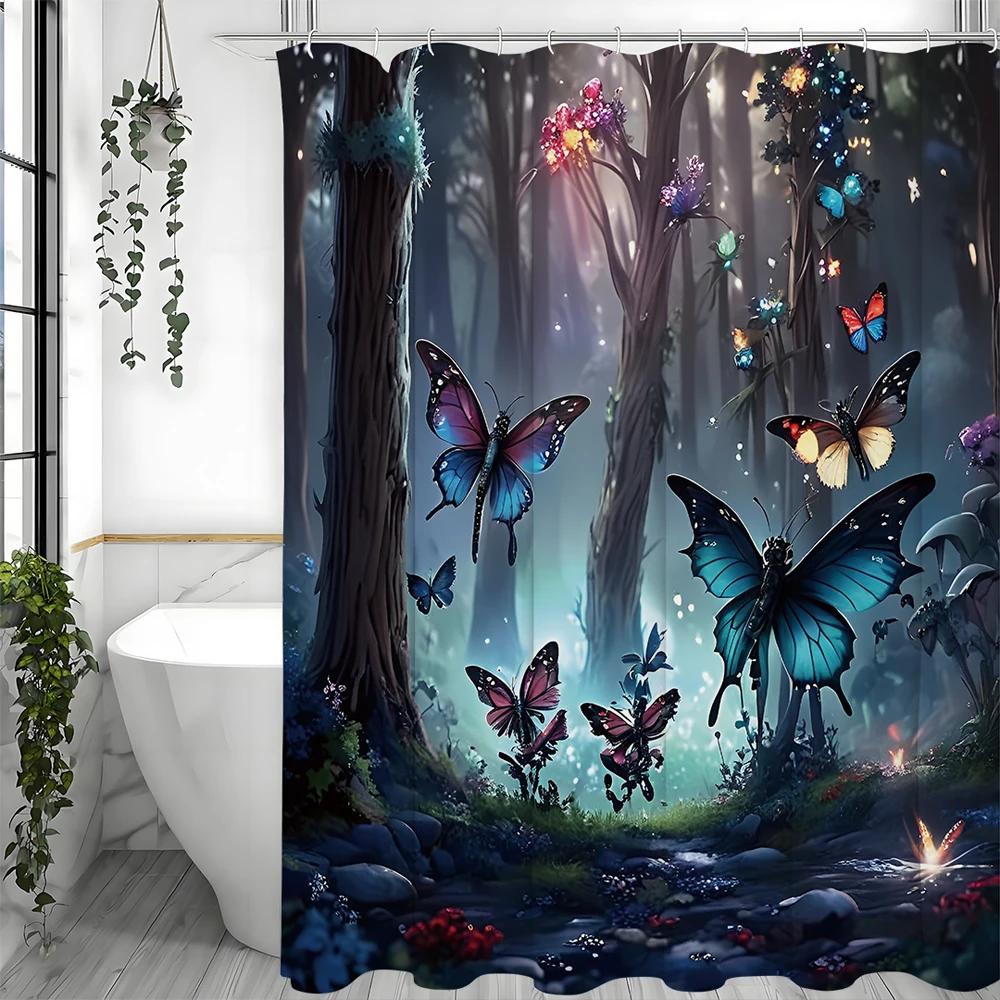 Butterfly Diamond Shower Curtain, Bathroom Decorative Shower Curtain, Waterproof Shower Curtain with Hooks