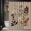 1Pc Brown Leaf Pattern Shower Curtain, Polyester Fabric, Machine Washable, With Hooks, Suitable For Bathroom Dcor.