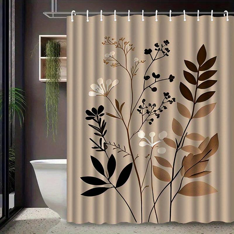 1Pc Brown Leaf Pattern Shower Curtain, Polyester Fabric, Machine Washable, With Hooks, Suitable For Bathroom Dcor.