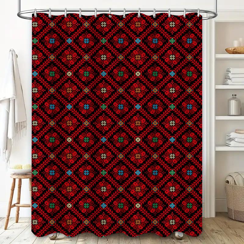 Red Floral Bath Shower Curtain with Multicolor Geometric Patterns Water Repellent Polyester Fabric for Bathroom Decorations