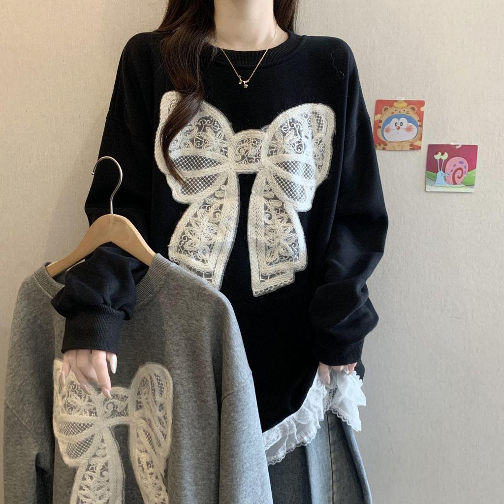 Plus Size Crocheted Lace Round Neck Slimming Long Sleeve Women's Autumn/Winter Bow Loose Mid-Length Top