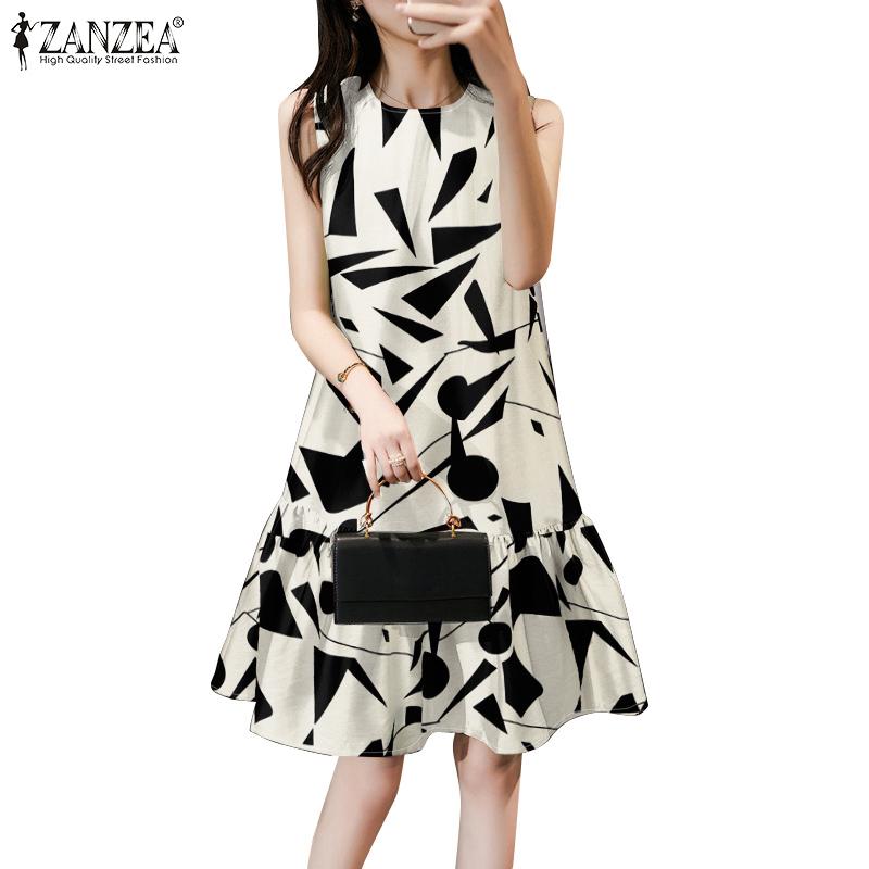 ZANZEA Women Casual O-neck Summer Sleeveless Print Dress