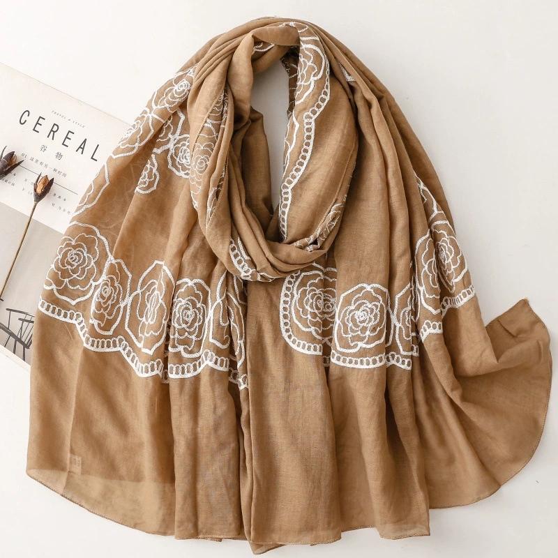 Solid Color Floral Ethnic Style Embroidered Scarf Rose Flower Hijab Scarf Warm Roll Edge Travel Stoles And Shawls For Women